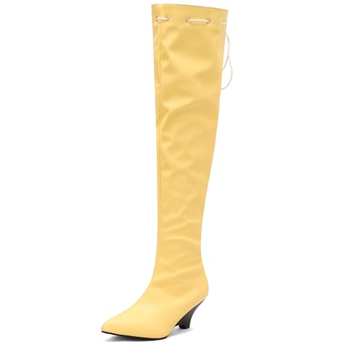MJIASIAWA Damen Pointed Toe Elegant Keilabsatz Overknee Stiefel Ohne Verschluss Winter Mode Warm Riding Booty Thigh Gelb Gr 38 EU/39 Asiatisch von MJIASIAWA