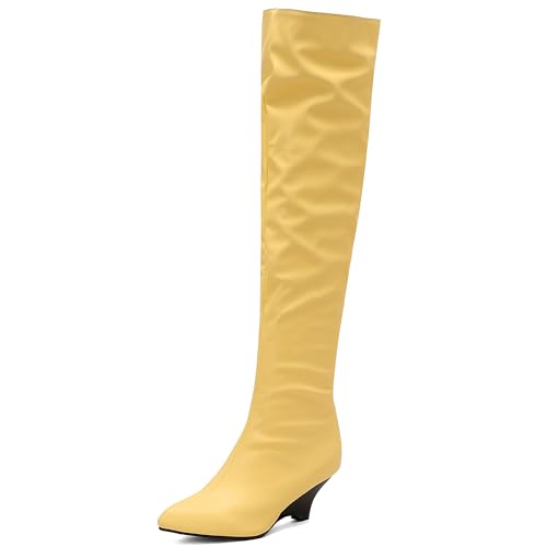 MJIASIAWA Damen Pointed Toe Elegant Keilabsatz Overknee Stiefel Ohne Verschluss Winter Mode Warm Riding Booty Thigh Gelb Gr 46 EU/48 Asiatisch von MJIASIAWA