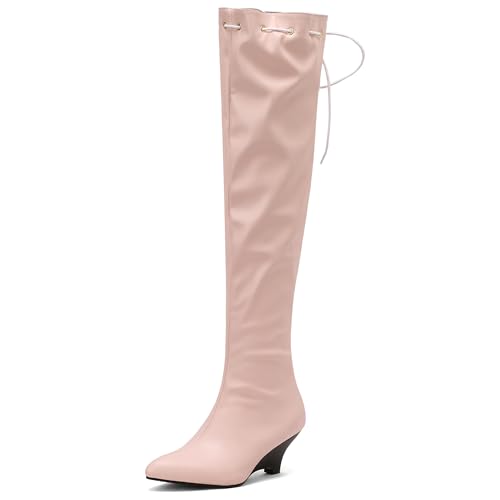 MJIASIAWA Damen Pointed Toe Elegant Keilabsatz Overknee Stiefel Ohne Verschluss Winter Mode Warm Riding Booty Thigh Pink Gr 35 EU von MJIASIAWA