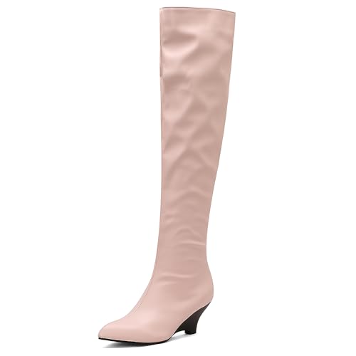 MJIASIAWA Damen Pointed Toe Elegant Keilabsatz Overknee Stiefel Ohne Verschluss Winter Mode Warm Riding Booty Thigh Pink Gr 43 EU/45 Asiatisch von MJIASIAWA