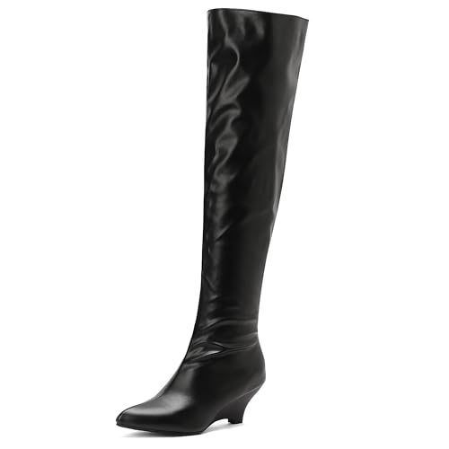 MJIASIAWA Damen Pointed Toe Elegant Keilabsatz Overknee Stiefel Ohne Verschluss Winter Mode Warm Riding Booty Thigh Schwarz Gr 44 EU/46 Asiatisch von MJIASIAWA