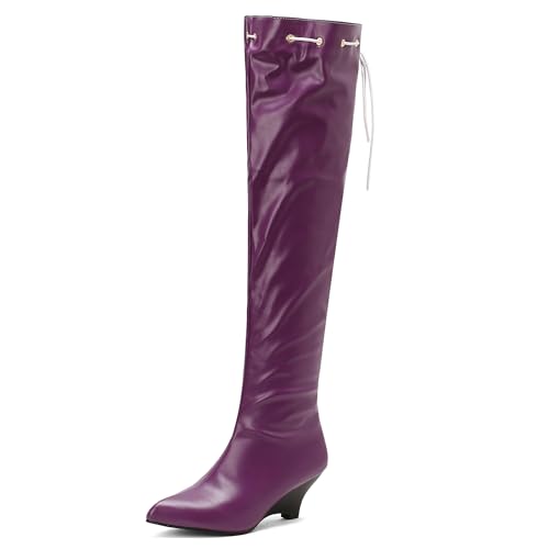 MJIASIAWA Damen Pointed Toe Elegant Keilabsatz Overknee Stiefel Ohne Verschluss Winter Mode Warm Riding Booty Thigh Violett Gr 44 EU/46 Asiatisch von MJIASIAWA