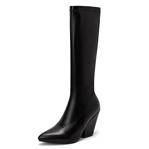 MJIASIAWA Damen Pointed Toe Elegant Knee Chunky Heel Boots Stretch Hochzeit Keilabsatz Braut Wildleder Reitstiefel Schwarz Gr 40.5 EU/42 Asiatisch von MJIASIAWA
