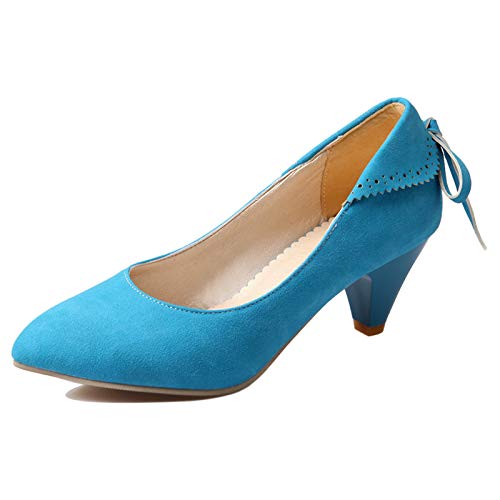 MJIASIAWA Damen Pointed Toe Elegant Ohne Verschluss Kitten Heel Brogue Bows Pumps Klassischer Cone Mitte Absatz Abend Kleid Comfy Schuhe Blau Gr 42 EU/44 Asiatisch von MJIASIAWA