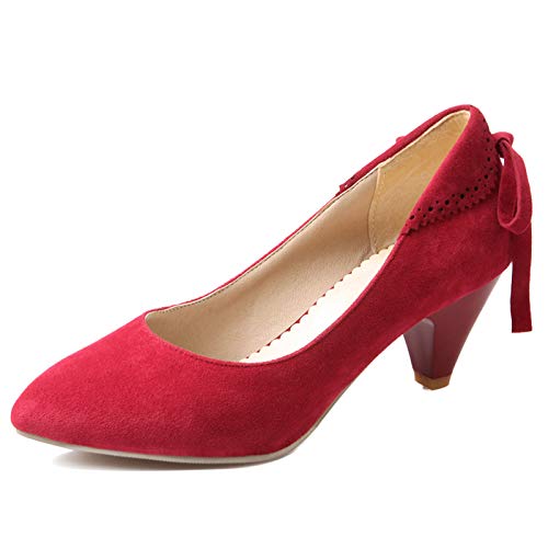 MJIASIAWA Damen Pointed Toe Elegant Ohne Verschluss Kitten Heel Brogue Bows Pumps Klassischer Cone Mitte Absatz Abend Kleid Comfy Schuhe Rot Gr 46 EU/48 Asiatisch von MJIASIAWA