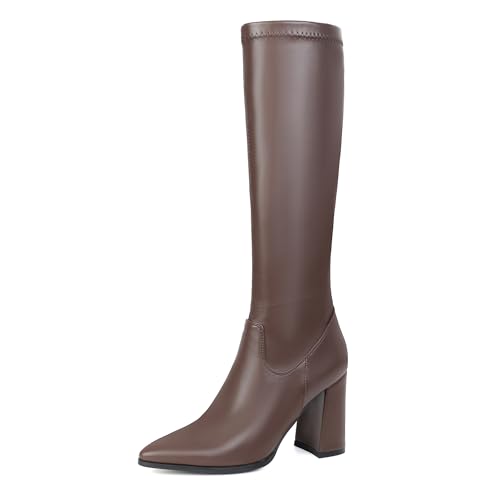 MJIASIAWA Damen Pointed Toe Elegant Stretch Stiefel Blockabsatz Zip Buro Formal Knee High Winter Mode Overknees Booty Braun/Rl Gr 33 EU von MJIASIAWA