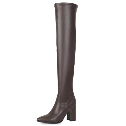 MJIASIAWA Damen Pointed Toe Elegant Stretch Stiefel Blockabsatz Zip Buro Formal Knee High Winter Mode Overknees Booty Braun/Rl Gr 41 EU/43 Asiatisch von MJIASIAWA