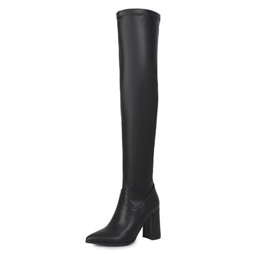 MJIASIAWA Damen Pointed Toe Elegant Stretch Stiefel Blockabsatz Zip Buro Formal Knee High Winter Mode Overknees Booty Schwarz/Rl Gr 39 EU/40 Asiatisch von MJIASIAWA