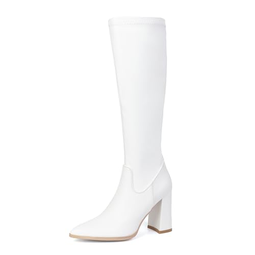 MJIASIAWA Damen Pointed Toe Elegant Stretch Stiefel Blockabsatz Zip Buro Formal Knee High Winter Mode Overknees Booty Weiß/Rl Gr 40 EU/41 Asiatisch von MJIASIAWA