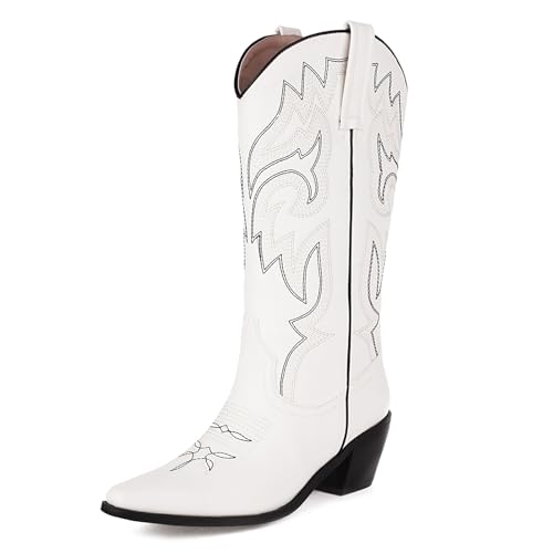 MJIASIAWA Damen Pointed Toe Embroidery Cowboystiefel Winter Klassischer Blockabsatz Ohne Verschluss Knee Mode Tall Western Stiefeletten Weiß Gr 44 EU/46 Asiatisch von MJIASIAWA