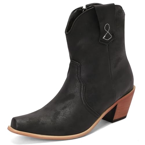 MJIASIAWA Damen Pointed Toe Herbst Winter Cowboystiefel Vintage Blockabsatz Draußen Komfort Chelsea Western Stiefeletten Reißverschluss Schwarz Gr 39 EU/40 Asiatisch von MJIASIAWA