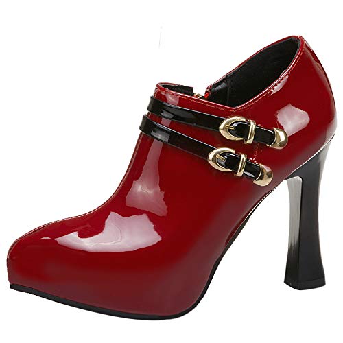MJIASIAWA Damen Pointed Toe Höhe Ferse Party Kleid Plateau Stiefeletten Hochzeit Elegant Bows Lack Buro Abend Schuhe Rotwein Gr 47 EU/49 Asiatisch von MJIASIAWA
