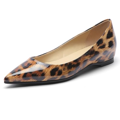 MJIASIAWA Damen Pointed Toe Keilabsatz Niedrige Fersenpumpe Lack Ohne Verschluss Hochzeit Elegant Blumen Abendschuhe Leopard Gr 34 EU von MJIASIAWA