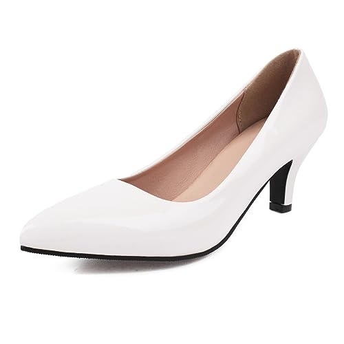 MJIASIAWA Damen Pointed Toe Kitten Heel Pumps Ohne Verschluss Comfy Arbeit Kleid Schuhe Hochzeit Mitte Absatz Bride Kleid Weiß Gr 32 EU von MJIASIAWA