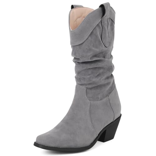 MJIASIAWA Damen Pointed Toe Klassischer Slouch Halbschaft Boots Leisure Warm Blockabsatz Winter Draußen Bequem Cowboy Riding Stiefeletten Grau Gr 37 EU/38 Asiatisch von MJIASIAWA