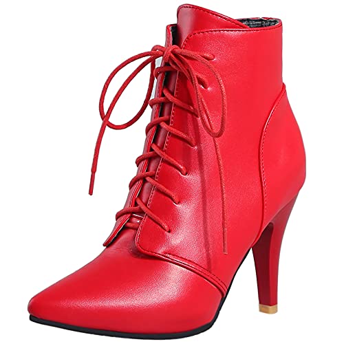 MJIASIAWA Damen Pointed Toe Klassischer Stiletto Schnüren Stiefeletten Brogue Winter Party Kleid Warm Motorradstiefel Buro Rot Gr 45 EU/47 Asiatisch von MJIASIAWA