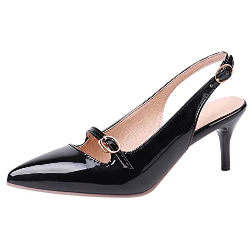 MJIASIAWA Damen Pointed Toe Kleid Stiletto Pumps Schnalle Slingback Buro Formal Kitten Heel Pumps Bridal Schwarz Gr 43 EU/45 Asiatisch von MJIASIAWA