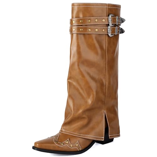 MJIASIAWA Damen Pointed Toe Knee High Westernstiefel Dancing Blockabsatz Winter Mode Ohne Verschluss Embroidery Cowboy Booty Aprikose Gr 45 EU/47 Asiatisch von MJIASIAWA
