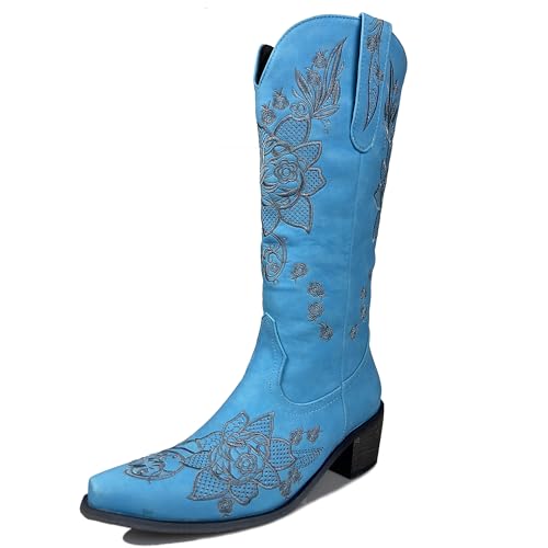 MJIASIAWA Damen Pointed Toe Knee High Westernstiefel Dancing Blockabsatz Winter Mode Ohne Verschluss Embroidery Cowboy Booty Blau Gr 36 EU von MJIASIAWA
