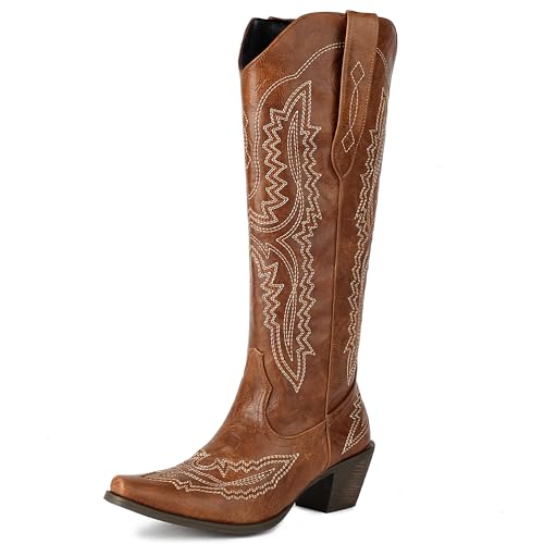 MJIASIAWA Damen Pointed Toe Knee High Westernstiefel Dancing Blockabsatz Winter Mode Ohne Verschluss Embroidery Cowboy Booty Braun Gr 36 EU von MJIASIAWA
