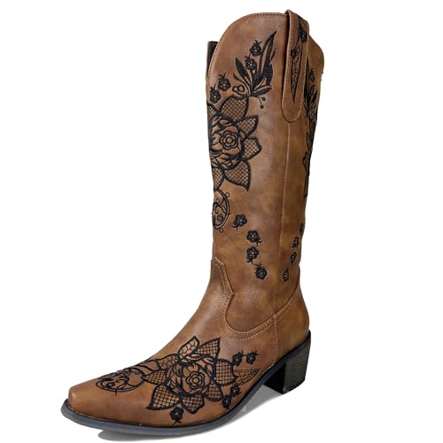 MJIASIAWA Damen Pointed Toe Knee High Westernstiefel Dancing Blockabsatz Winter Mode Ohne Verschluss Embroidery Cowboy Booty Braun Gr 37 EU/38 Asiatisch von MJIASIAWA