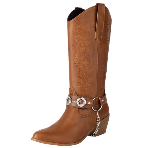 MJIASIAWA Damen Pointed Toe Knee High Westernstiefel Dancing Blockabsatz Winter Mode Ohne Verschluss Embroidery Cowboy Booty Braun Gr 38 EU/39 Asiatisch von MJIASIAWA