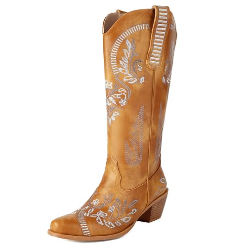 MJIASIAWA Damen Pointed Toe Knee High Westernstiefel Dancing Blockabsatz Winter Mode Ohne Verschluss Embroidery Cowboy Booty Braun Gr 38 EU/39 Asiatisch von MJIASIAWA