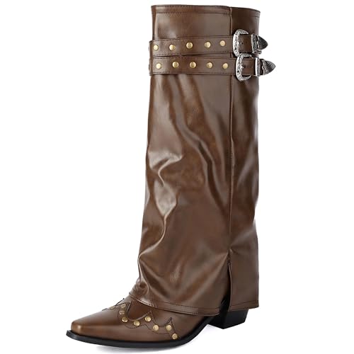 MJIASIAWA Damen Pointed Toe Knee High Westernstiefel Dancing Blockabsatz Winter Mode Ohne Verschluss Embroidery Cowboy Booty Braun Gr 44 EU/46 Asiatisch von MJIASIAWA