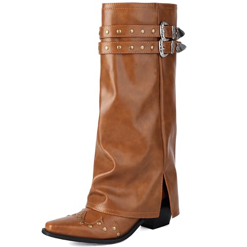 MJIASIAWA Damen Pointed Toe Knee High Westernstiefel Dancing Blockabsatz Winter Mode Ohne Verschluss Embroidery Cowboy Booty Gelb Gr 40.5 EU/42 Asiatisch von MJIASIAWA
