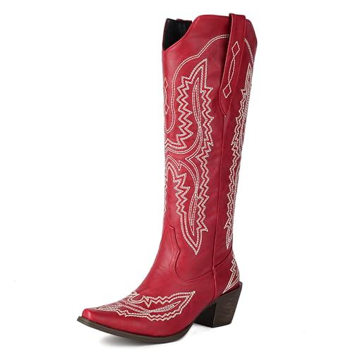 MJIASIAWA Damen Pointed Toe Knee High Westernstiefel Dancing Blockabsatz Winter Mode Ohne Verschluss Embroidery Cowboy Booty Rot Gr 38 EU/39 Asiatisch von MJIASIAWA