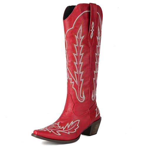 MJIASIAWA Damen Pointed Toe Knee High Westernstiefel Dancing Blockabsatz Winter Mode Ohne Verschluss Embroidery Cowboy Booty Rot Gr 46 EU/48 Asiatisch von MJIASIAWA