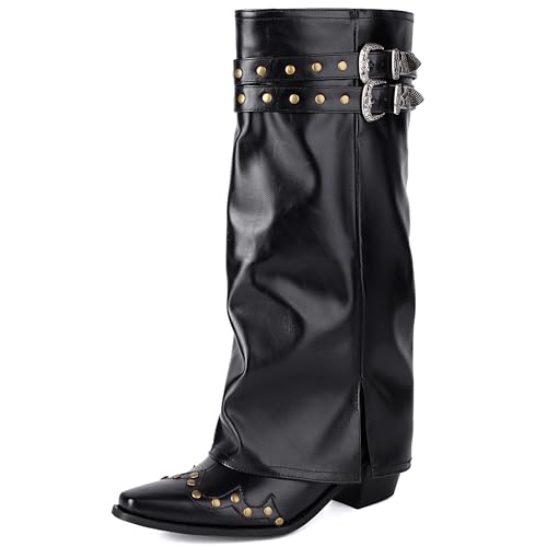 MJIASIAWA Damen Pointed Toe Knee High Westernstiefel Dancing Blockabsatz Winter Mode Ohne Verschluss Embroidery Cowboy Booty Schwarz Gr 34 EU von MJIASIAWA