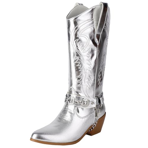 MJIASIAWA Damen Pointed Toe Knee High Westernstiefel Dancing Blockabsatz Winter Mode Ohne Verschluss Embroidery Cowboy Booty Silber Gr 44 EU/46 Asiatisch von MJIASIAWA