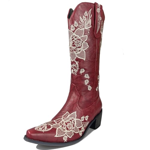 MJIASIAWA Damen Pointed Toe Knee High Westernstiefel Dancing Blockabsatz Winter Mode Ohne Verschluss Embroidery Cowboy Booty Violett-Rot Gr 36.5 EU/37 Asiatisch von MJIASIAWA