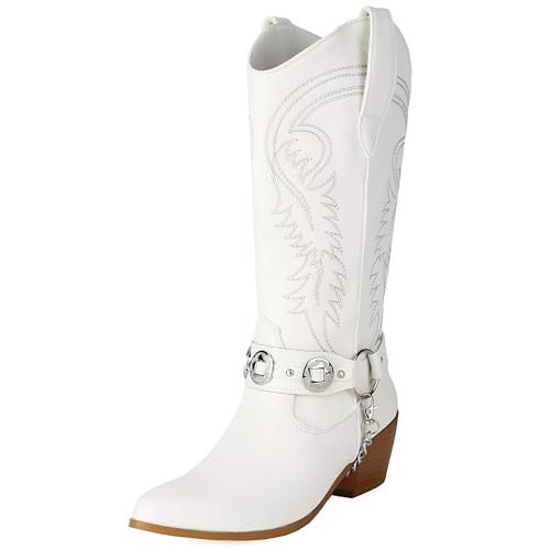 MJIASIAWA Damen Pointed Toe Knee High Westernstiefel Dancing Blockabsatz Winter Mode Ohne Verschluss Embroidery Cowboy Booty Weiß Gr 36 EU von MJIASIAWA