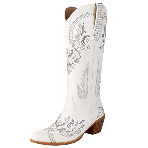 MJIASIAWA Damen Pointed Toe Knee High Westernstiefel Dancing Blockabsatz Winter Mode Ohne Verschluss Embroidery Cowboy Booty Weiß Gr 39 EU/40 Asiatisch von MJIASIAWA
