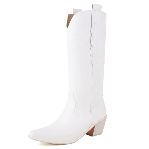 MJIASIAWA Damen Pointed Toe Knee High Westernstiefel Dancing Blockabsatz Winter Mode Ohne Verschluss Embroidery Cowboy Booty Weiß Gr 40.5 EU/42 Asiatisch von MJIASIAWA
