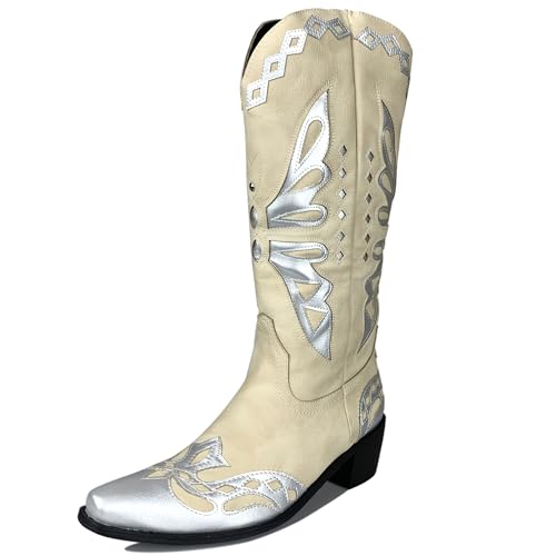 MJIASIAWA Damen Pointed Toe Knee High Westernstiefel Dancing Blockabsatz Winter Mode Ohne Verschluss Embroidery Cowboy Booty Weiß Gr 41 EU/43 Asiatisch von MJIASIAWA