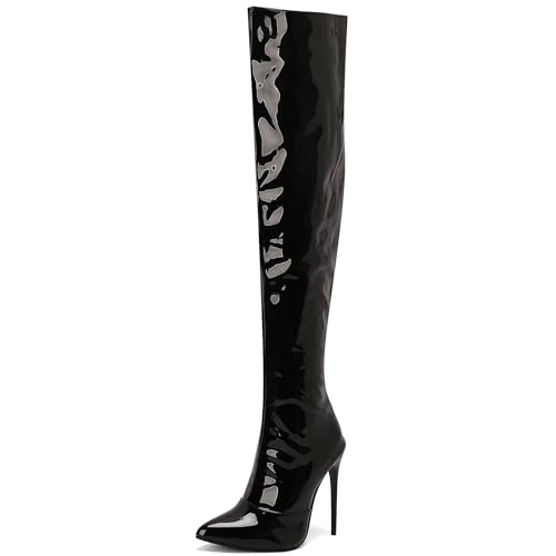 MJIASIAWA Damen Pointed Toe Lack Overknees Boots Stiletto Winter Party Mode Thigh Elegant Lang Boots Abend Schwarz Gr 40 EU/41 Asiatisch von MJIASIAWA