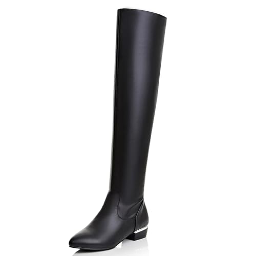 MJIASIAWA Damen Pointed Toe Ohne Verschluss Overknee Stiefel Winter Komfort Mitte Blockabsatz Warm Long Riding Booty Schwarz Gr 37 EU/38 Asiatisch von MJIASIAWA