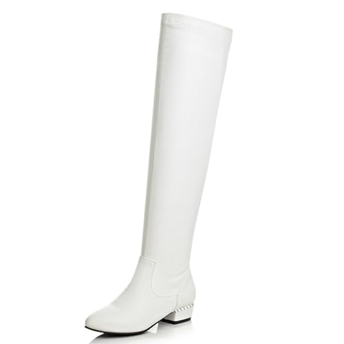 MJIASIAWA Damen Pointed Toe Ohne Verschluss Overknee Stiefel Winter Komfort Mitte Blockabsatz Warm Long Riding Booty Weiß Gr 40.5 EU/42 Asiatisch von MJIASIAWA