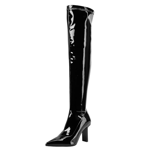 MJIASIAWA Damen Pointed Toe Overknees Lack Stiefel Ohne Verschluss Abend Party Blockabsatz Mode Stretch Long Booty Mode Schwarz Gr 43 EU/45 Asiatisch von MJIASIAWA
