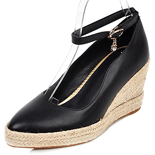 MJIASIAWA Damen Pointed Toe Plateau Espadrilles Keilabsatz Schuhe Polka Dot Mode Höhe Ferse Pumps Knöchelriemchen Schwarz Gr 35 EU von MJIASIAWA