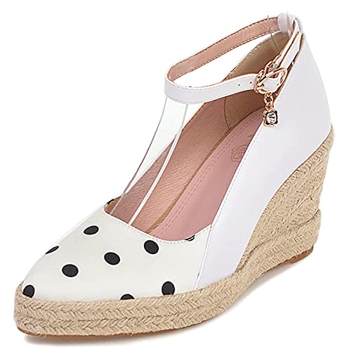 MJIASIAWA Damen Pointed Toe Plateau Espadrilles Keilabsatz Schuhe Polka Dot Mode Höhe Ferse Pumps Knöchelriemchen Weiß Gr 36 EU von MJIASIAWA
