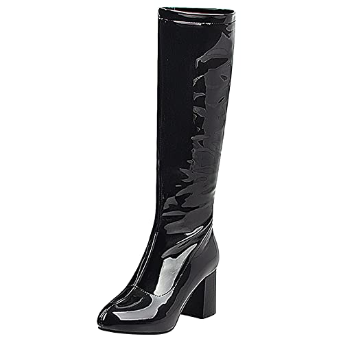 MJIASIAWA Damen Pointed Toe Reißverschluss Knee Lack Reitstiefel Blockabsatz Warm Kleid Boots Hochzeit Party Mode Schuhe Schwarz Gr 42 EU/44 Asiatisch von MJIASIAWA