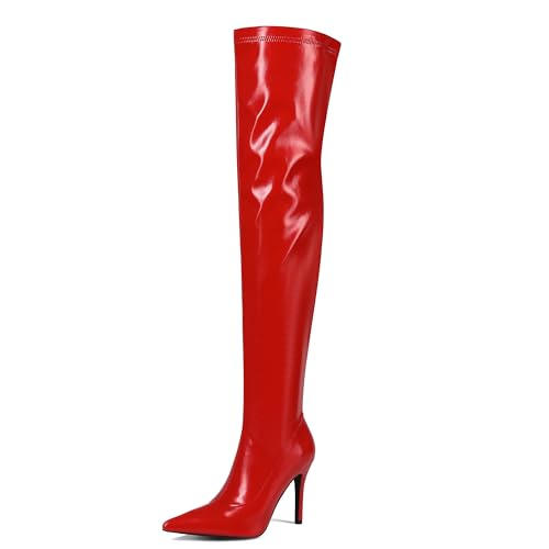 MJIASIAWA Damen Pointed Toe Stiletto Höhe Ferse Overknee Stiefel Winter Mode Slouch Thigh High Booty Schnalle Rot Gr 41 EU/43 Asiatisch von MJIASIAWA