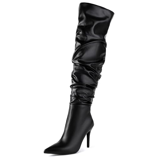 MJIASIAWA Damen Pointed Toe Stiletto Höhe Ferse Overknee Stiefel Winter Mode Slouch Thigh High Booty Schnalle Schwarz Gr 36.5 EU/37 Asiatisch von MJIASIAWA