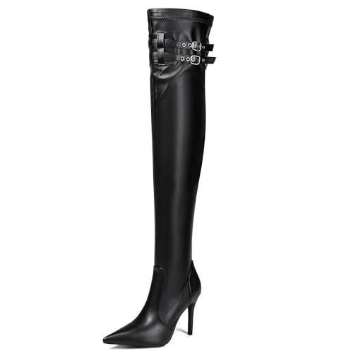 MJIASIAWA Damen Pointed Toe Stiletto Höhe Ferse Overknee Stiefel Winter Mode Slouch Thigh High Booty Schnalle Schwarz Gr 37 EU/38 Asiatisch von MJIASIAWA