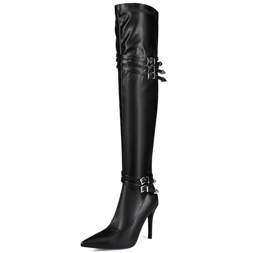 MJIASIAWA Damen Pointed Toe Stiletto Höhe Ferse Overknee Stiefel Winter Mode Slouch Thigh High Booty Schnalle Schwarz Gr 38 EU/39 Asiatisch von MJIASIAWA