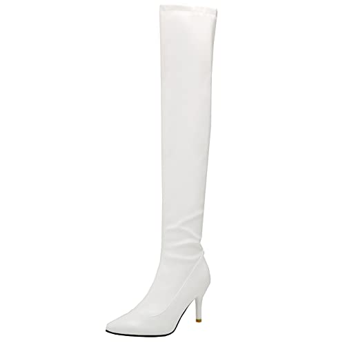 MJIASIAWA Damen Pointed Toe Stiletto Overknees Boots Reißverschluss Elegant Hochzeit Höhe Ferse Bride Kleid Lack Oberschenkelhohe Stiefel Party Weiß Gr 38 EU/39 Asiatisch von MJIASIAWA